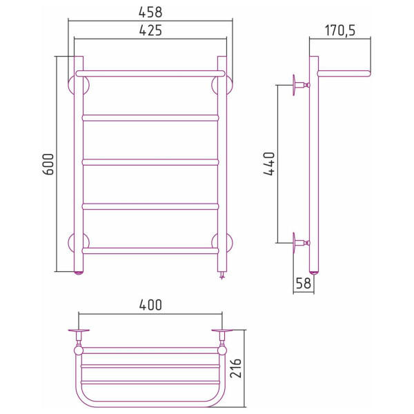 Полотенцесушитель электрический Стилье Формат 30 П 600x400 (Полка + 4) П16, хром (00530-6040) Полотенцесушитель электрический Стилье Формат 30 П 600x400 (Полка + 4) П16, хром (00530-6040)