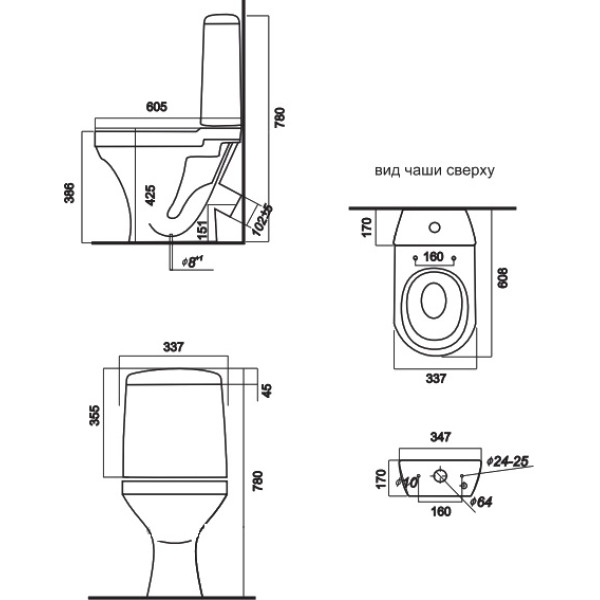Унитаз-компакт Sanita Аттика Люкс 605х337х780 с сиденьем термопласт, косой выпуск