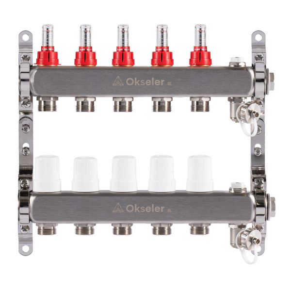 Коллекторная группа 5 отводов 1"*3/4"(18) ЕК с расходомерами Okseler (нерж.ст) с дренажным краном и краном Маевского (Oks00315)
