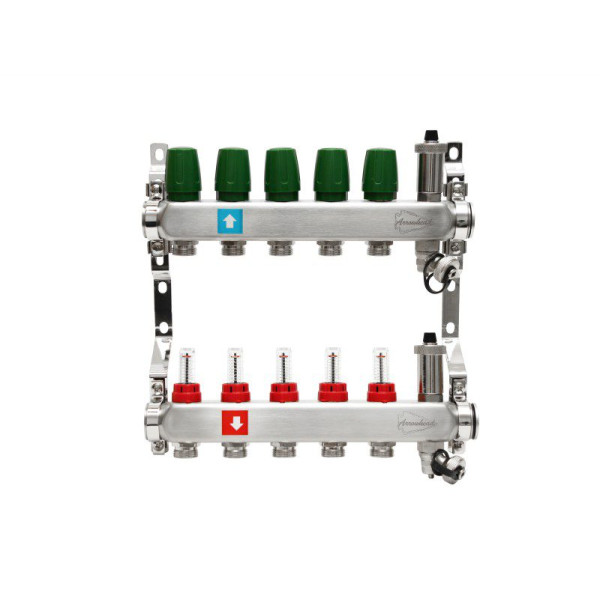 Коллекторная группа 5 отводов 1"х3/4" Arrowhead с расходомерами, дренажом и воздухоотводчиком нерж.сталь (CS-550-05)