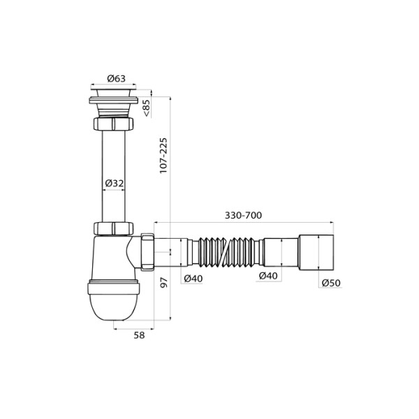 Сифон для раковины Iddis 1 1/4"x40 с выпуском и гофротрубой 40/50 (900BVG0010VD)