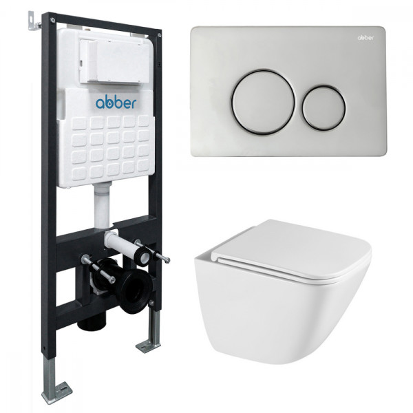 Комплект подвесной унитаз Abber Rechteck AC1220TC белый, с закрытым дном с инсталляцией AC0105 и кнопкой AC0121 хром глянцевый (AC1220TC-AC0105-AC0121 Комплект подвесной унитаз Abber Rechteck AC1220TC белый, с закрытым дном с инсталляцией AC0105 и кнопкой AC0121 хром глянцевый (AC1220TC-AC0105-AC0121