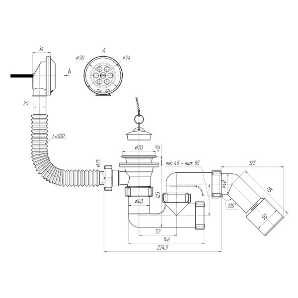 Обвязка для ванны АНИ с выпуском 1 1/2"*40 регулируемый сифон, с переходной трубой 45° 40/50 АНИ пласт (E251)