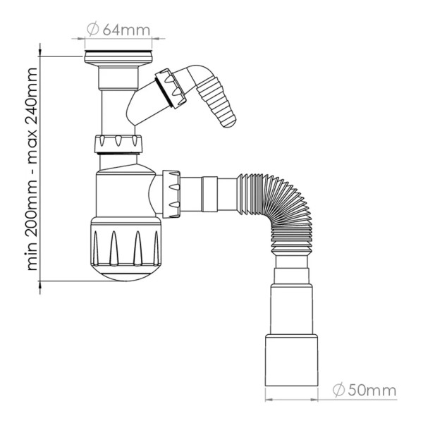 Сифон 32 мм бутылочный Nova с выпуском 1 1/4"х64 мм с 1-им отводом и гибкой трубой 1 1/4"х40/50 (1056)