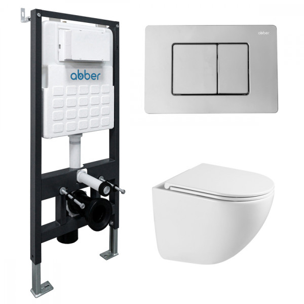 Комплект подвесной унитаз Abber Bequem AC1131TC белый, с закрытым дном с инсталляцией AC0105 и кнопкой AC0120 хром глянцевый (AC1131TC-AC0105-AC0120)