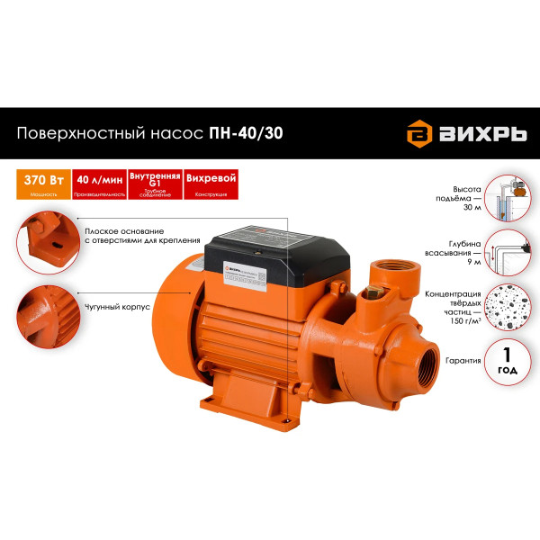 Насос поверхностный Вихрь ПН-40/30 (68/4/11) Насос поверхностный Вихрь ПН-40/30 (68/4/11)