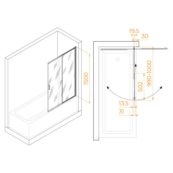 Душевые шторки для ванн RGW Screens 100x150 стекло прозрачное, профиль черный (03114010-14)