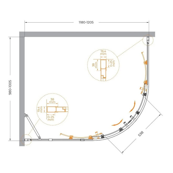 Душевой уголок Cezares Molveno 120x100x195 стекло прозрачное, профиль брашированное золото (MOLVENO-RH-2-120/100-C-BORO-IV)