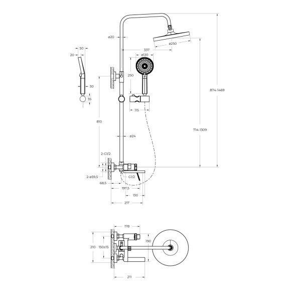 Душевая система со смесителем и изливом BelBagno (ALBANO-VSCM-CRM)