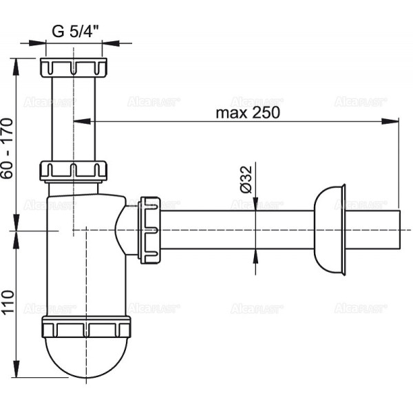 Сифон для раковины Alcaplast DN32 c накидной гайкой 5/4" (A430)