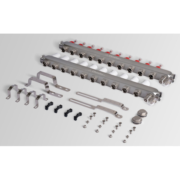 Коллекторная группа 10 отводов 1"*3/4"(18) ЕК с расходомерами Okseler (нерж.ст) с дренажным краном и краном Маевского (Oks00320)