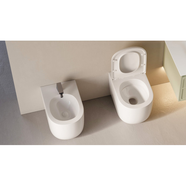 Унитаз напольный Abber Bequem приставной безободковый, смыв торнадо белый (AC1135T)