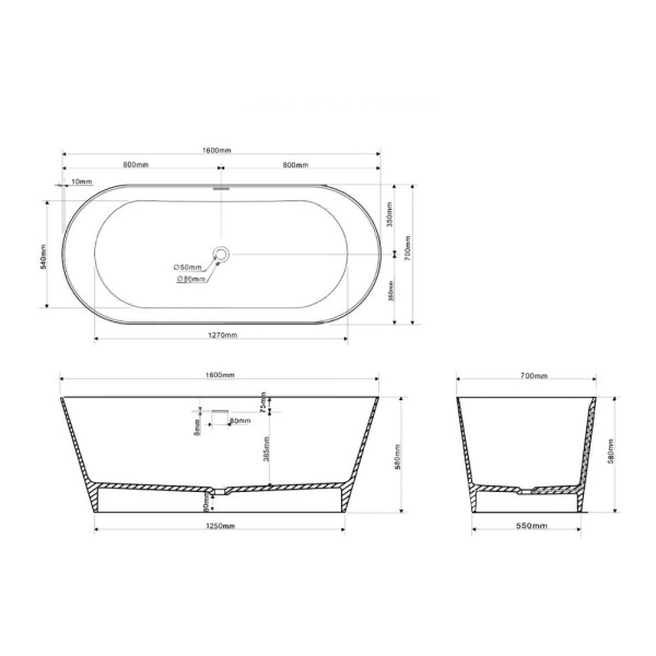 Ванна из искусственного камня Abber Stein 160x70x58 белая матовая (AS9626)