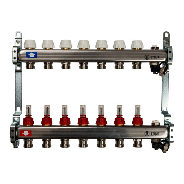 Коллекторная группа 7 отводов 1"x3/4"(18)EK с расходомерами, с клапаном вып. воздуха и сливом Stout (нерж.сталь) (SMS-0927-000007)