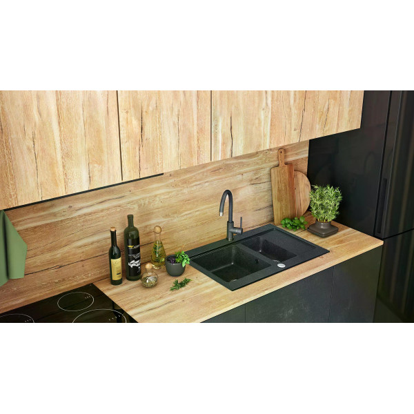 Мойка для кухни 2 чаши Rea fox black metalic гранит 78x46,5x19 черная металлик (ZLE-00135)