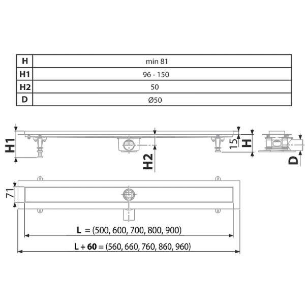 Лоток душевой Timo горизонтальный DP20 860x119xDN50 без решетки, нерж.ст. (DP20-800)