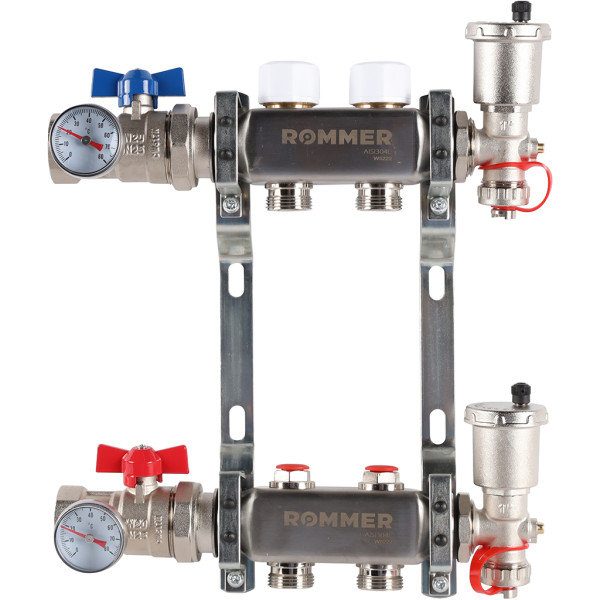 Коллекторная группа Rommer 2 отвода 1"x3/4" в сборе без расходомеров (нерж.сталь) (RMS-3210-000002)