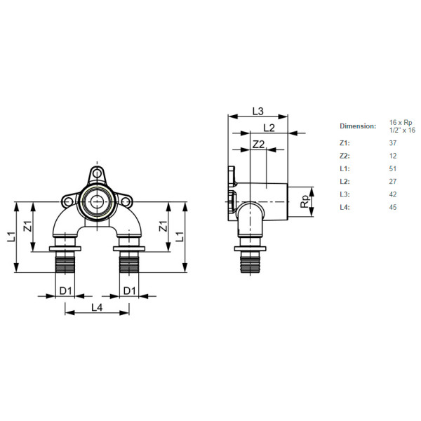 Тройник угловой с настенным креплением, закругленный TECEflex 16х1/2"ВРх16 мм. (бронза) (708625)