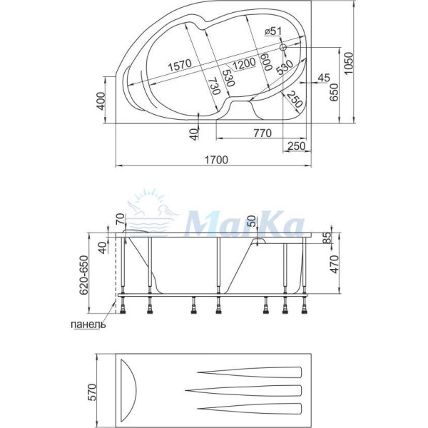 Ванна акриловая 1Marka Diana 170x105 правосторонняя белая (01ди1710п)