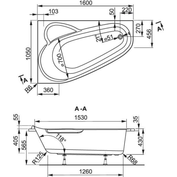 Ванна акриловая VagnerPlast Selena 160 R 160х105х43 (VPBA163SEL3PX-01)