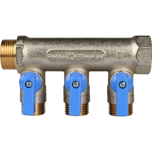 Коллектор 3 отвода с шаровыми клапанами 3/4"x1/2"(16) Stout (латунь, синие ручки) (SMB-6201-341203)