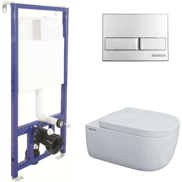 Комплект инсталляция с унитазом Berges инсталляция NOVUM525, кнопка L3 хром глянец, унитаз EGO XL 54 см, сиденье дюропласт Toma SO, микролиф