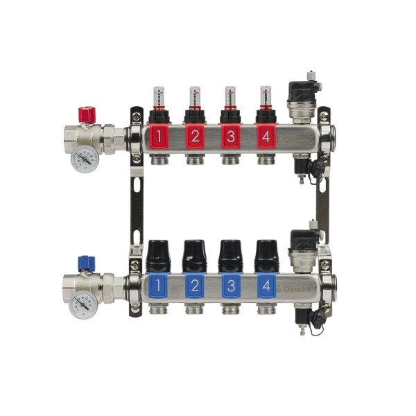 Коллекторная группа 4 отвода 1"*3/4"(18) ЕК с расходомерами Okseler (нерж.ст) с автоматическими воздухоотводчикоми и шаровыми кранами с термометрами (