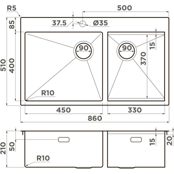 Мойки врезные Omoikiri Akisame 86-2 Side-IN 85х44 графит (4997021)