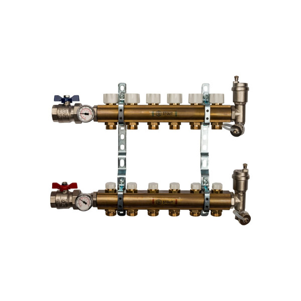 Коллекторная группа 6 отводов 1"x3/4"(18)EK в сборе без расходомеров Stout (латунь) (SMB-0468-000006)