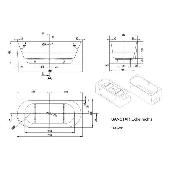 Ванна акриловая VAGNERPLAST Санстар/Sanstar 170x75x58 белая правая (VPBV175SAN9RX-96)