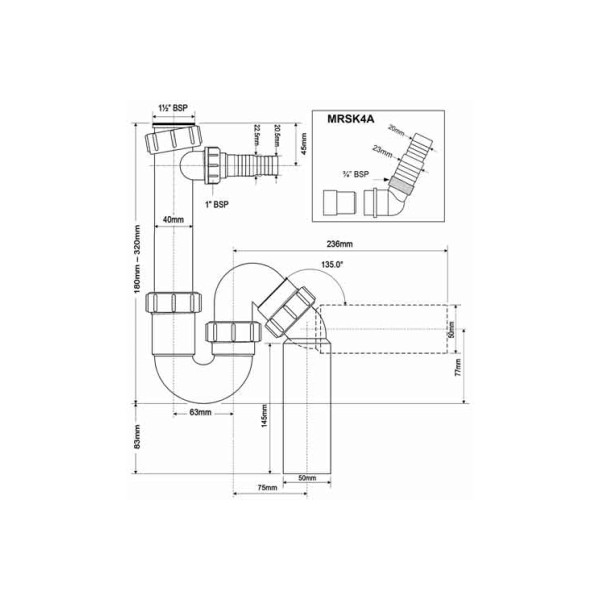 Сифон для раковины McAlpine 40 мм. трубный S-обр. без выпуска с отводом для подключения бытовой техники (D40/50) (MRSK4A)