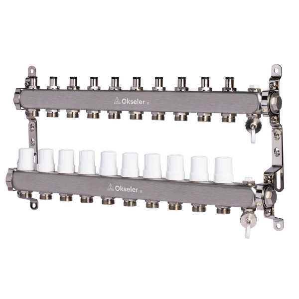 Коллекторная группа 10 отводов 1"*3/4"(18) ЕК с регулировочными клапанами Okseler (нерж.ст) с дренажным краном и краном Маевского (Oks00309)