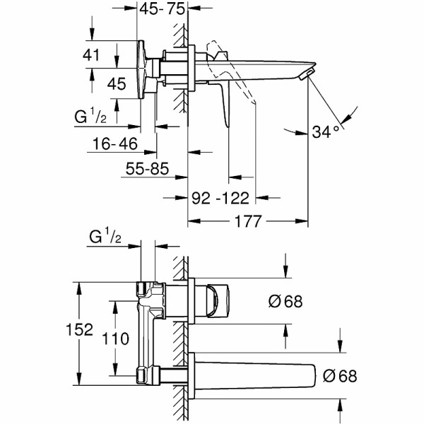Смеситель для раковины Grohe BauEdge внешняя и внутренняя части хром (20474001)