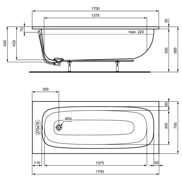 Ванна акриловая Ideal Standard I.Life 170x70x50 белая (T475901)