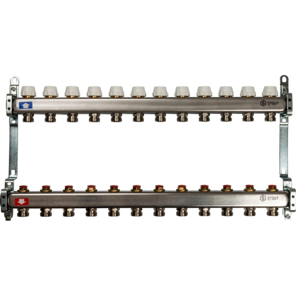 Коллекторная группа 12 отводов 1"x3/4"(18)EK без расходомеров Stout (нерж.сталь) (SMS-0922-000012)