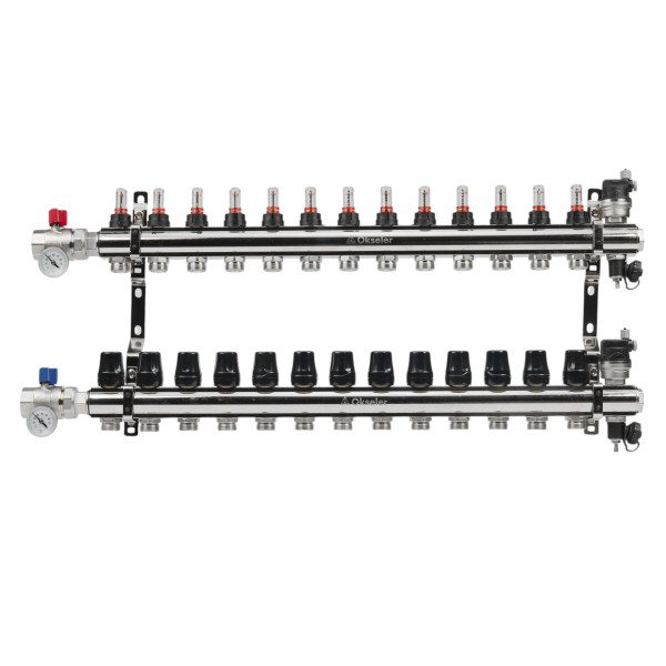 Коллекторная группа 13 отводов 1"*3/4"(18) ЕК с расходомерами Okseler (латунь) с автоматическими воздухоотводчикоми и шаровыми кранами с термометрами