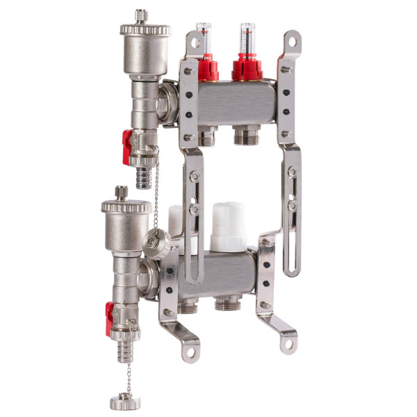 Коллекторная группа 2 отвода 1"*3/4"(18) ЕК с расходомерами Okseler (нерж.ст) с автоматическим воздухоотводчиком и спускным краном (Oks00340)