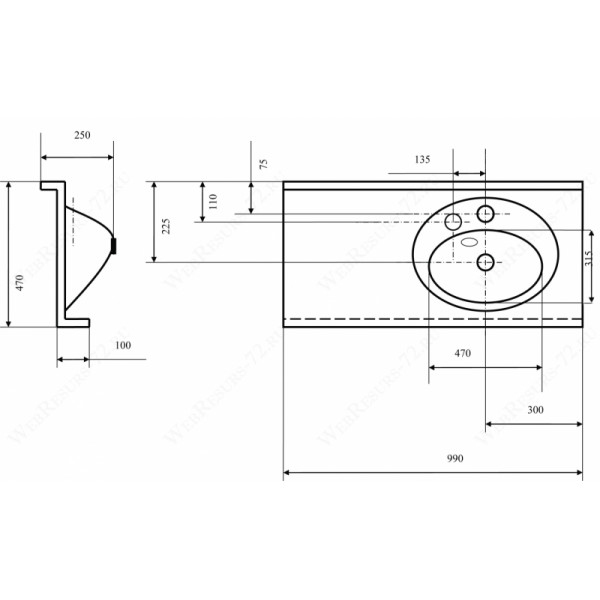 Раковина подвесная Акватон Отель 3/1000 990х470х250 R (1A70083NOT01R)