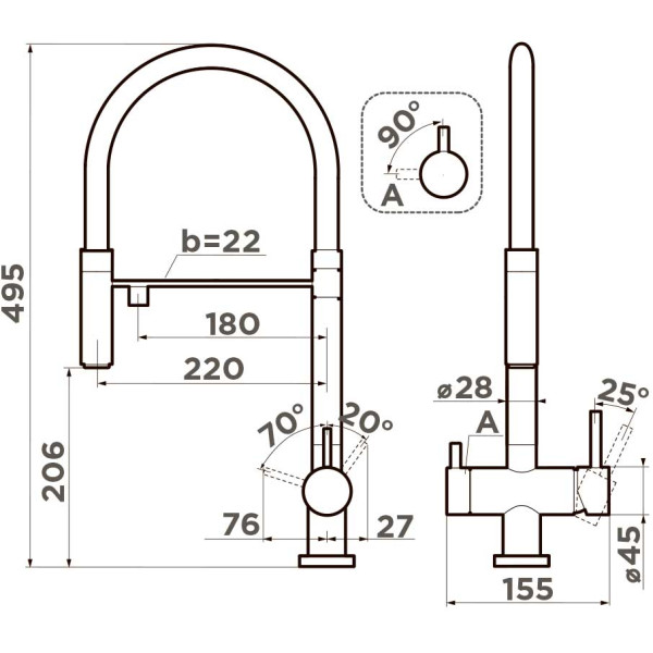 Смеситель для кухни Omoikiri Kanto-GM-BL с переключателем на фильтр, с выдвижным изливом вороненая сталь/черный (4994605)