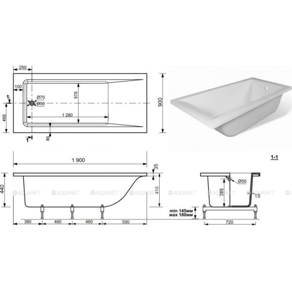 Ванна из искусственного камня Aquanet Bright Stone 190х90 белая (368584)