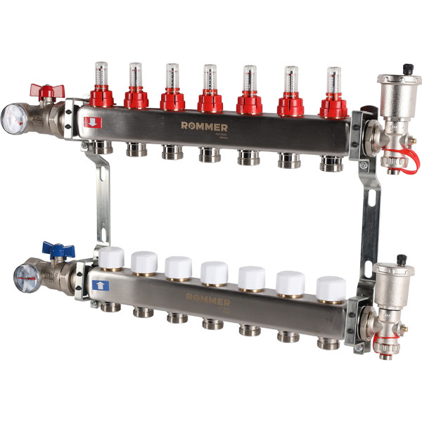 Коллекторная группа Rommer 7 отводов 1"x3/4" в сборе с расходомерами (нерж.сталь) (RMS-1210-000007) Коллекторная группа Rommer 7 отводов 1"x3/4" в сборе с расходомерами (нерж.сталь) (RMS-1210-000007)