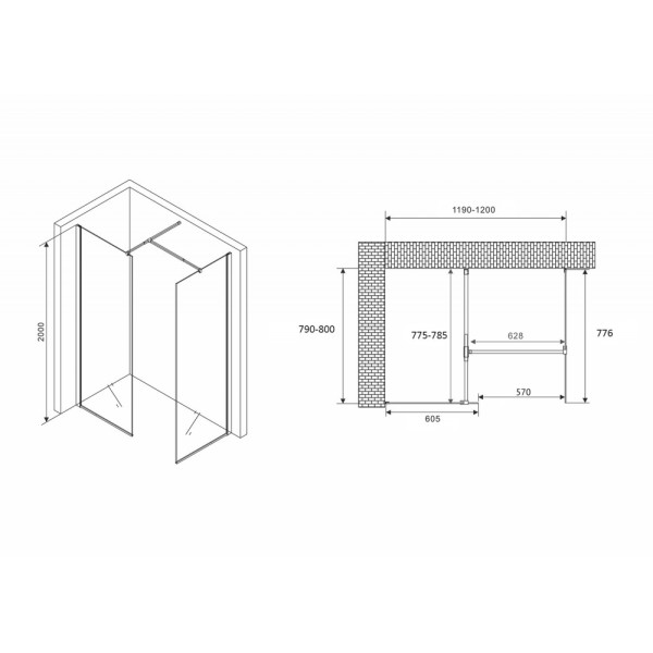 Душевой уголок Abber Immer Offen 80x80x200 стекло прозрачное, профиль черный (AG67128B)