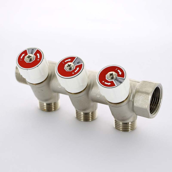 Коллектор Uni-Fitt 3 отвода НВ 3/4"х1/2" 40 мм с вентилями никелированный