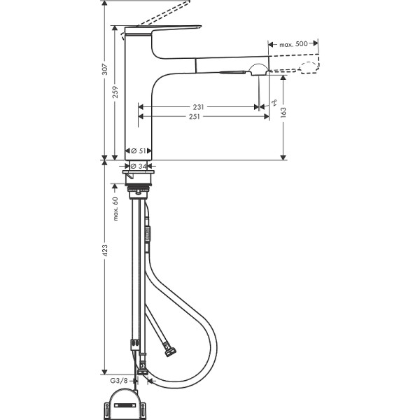 Смеситель для кухни Hansgrohe Zesis M33 черный, с видвижным изливом (74804670)