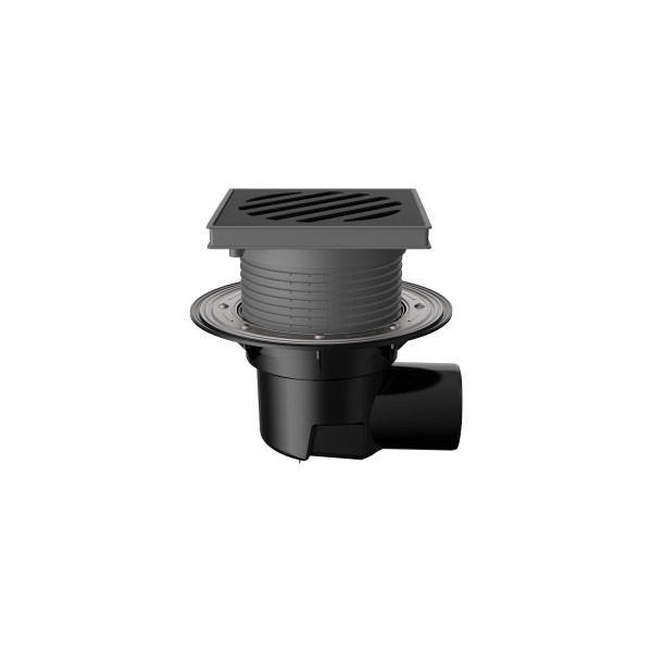 Трап регулируемый Fachmann T 615.1 PNsP 241x241 горизонтальный выпуск DN 110 с корзинкой и незамерзающим гидрозатвором, с прижимным фланцем, решетка ч