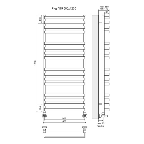 Полотенцесушитель водяной Terminus Рид Lux П16 500x1200 4-4-4-4 xром