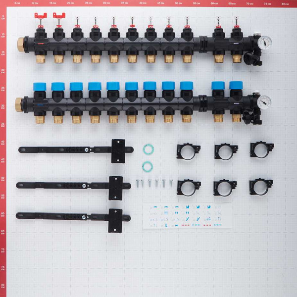 Коллекторная группа Henco 11 отводов 1"-3/4" НР ЕК M30х1,5 мм. с расходомерами и термометрами (композит) (UFH-0605MDK11-03L)