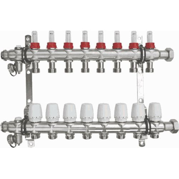 Коллекторная группа 8 отводов 1"*3/4"(18)EK с накидной гайкой и расходомерами TeRma (нерж.ст) (14261)