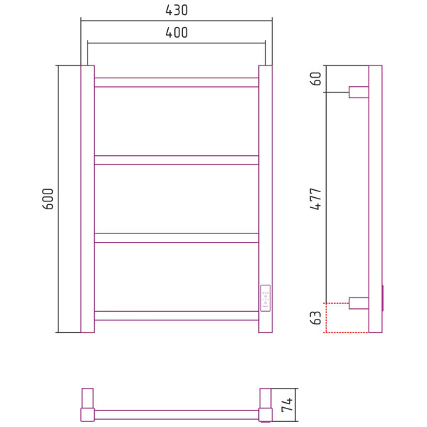Полотенцесушитель электрический Стилье Формат 26 600x400 правый, черный (17526-6040) Полотенцесушитель электрический Стилье Формат 26 600x400 правый, черный (17526-6040)