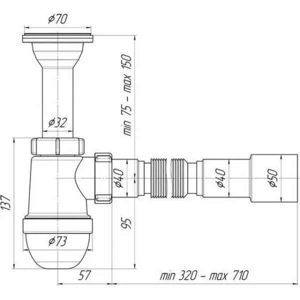 Сифон 40 мм. бутылочный АНИ с литым выпуском 1 1/2"*70 мм. с гибкой трубой 40*40/50 АНИ пласт (C0515) Сифон 40 мм. бутылочный АНИ с литым выпуском 1 1/2"*70 мм. с гибкой трубой 40*40/50 АНИ пласт (C0515)